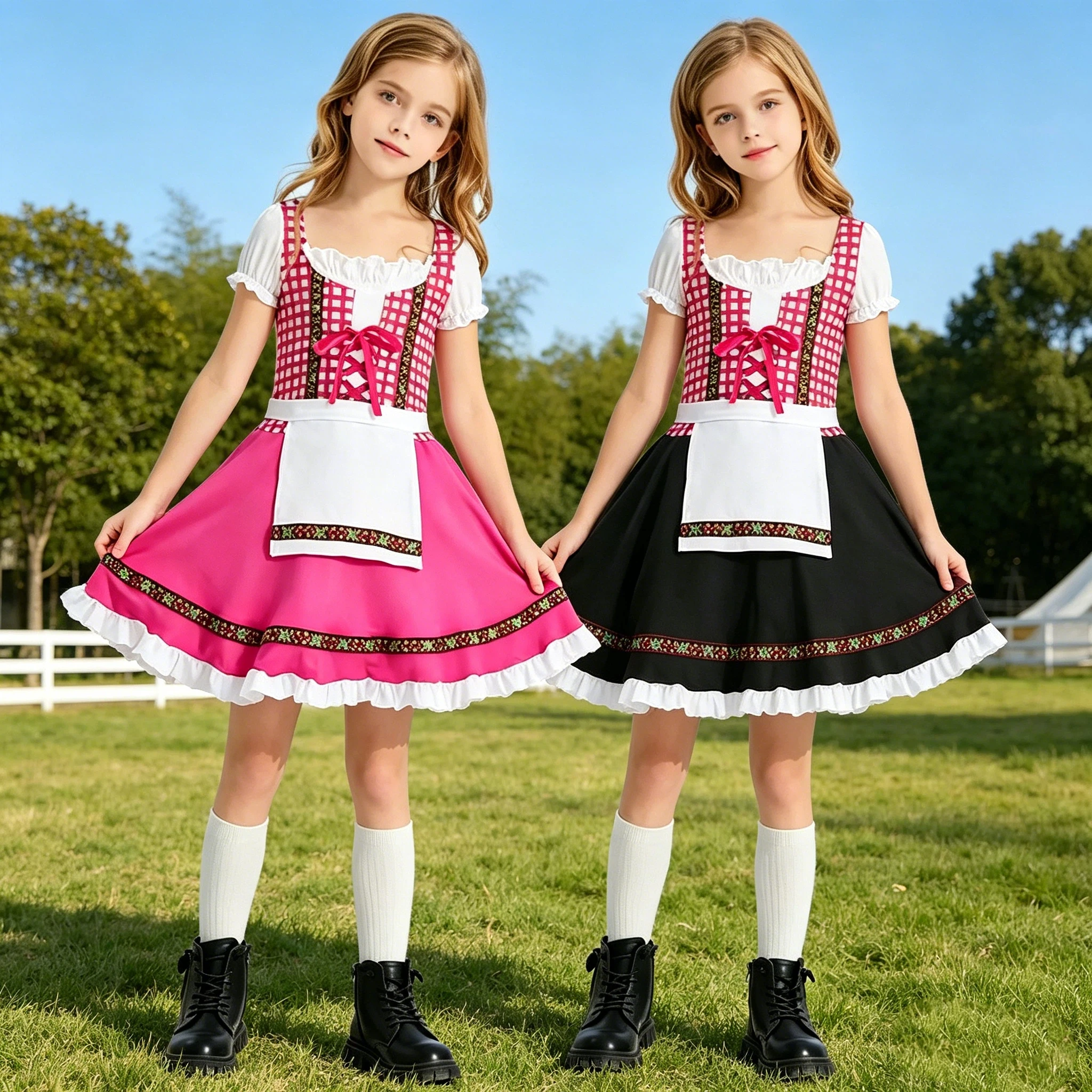 

Bavaria Traditional Beer Wench Enfant Maid Dress Plaid Dirndl Dresses Enfants German Oktoberfest Cosplay National Costume