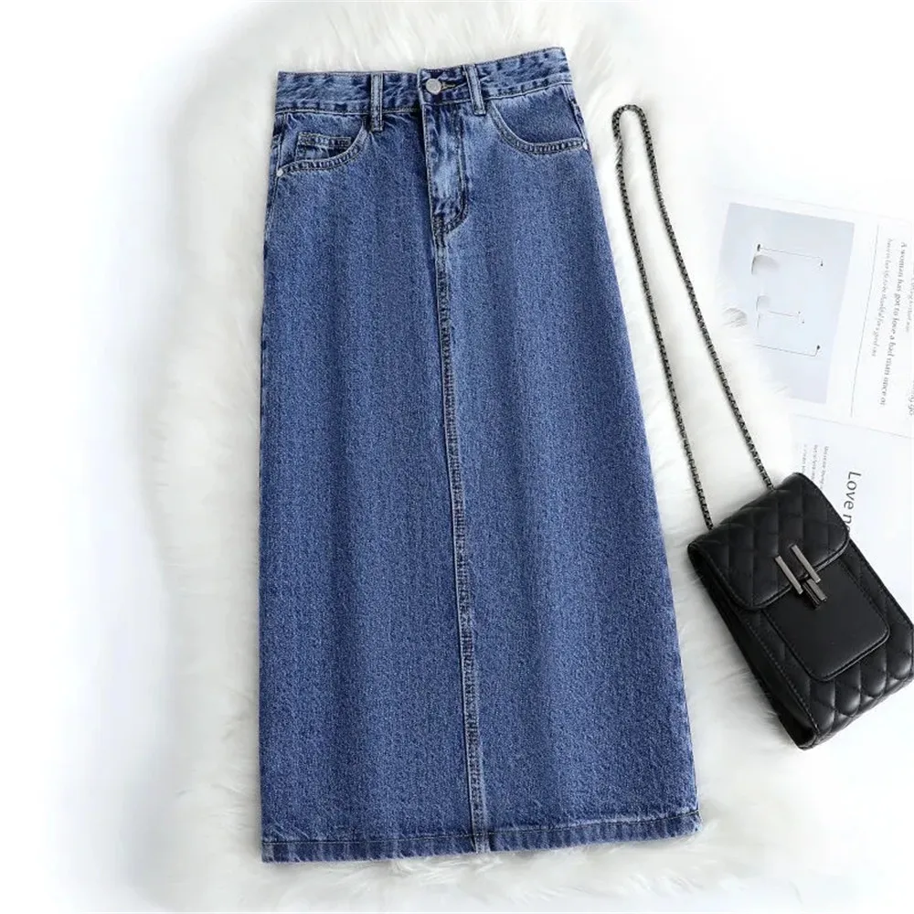 Women Denim Skirt Spring A Line Summer High Waist Loose Split Hem Dark Blue Chic Casual Streetwear Jean Midi Skirt Streetwear