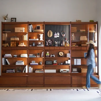 card seat bookcase, integrated whole wall floor-to-ceiling living room bookcase, storage display cabinet with glass door