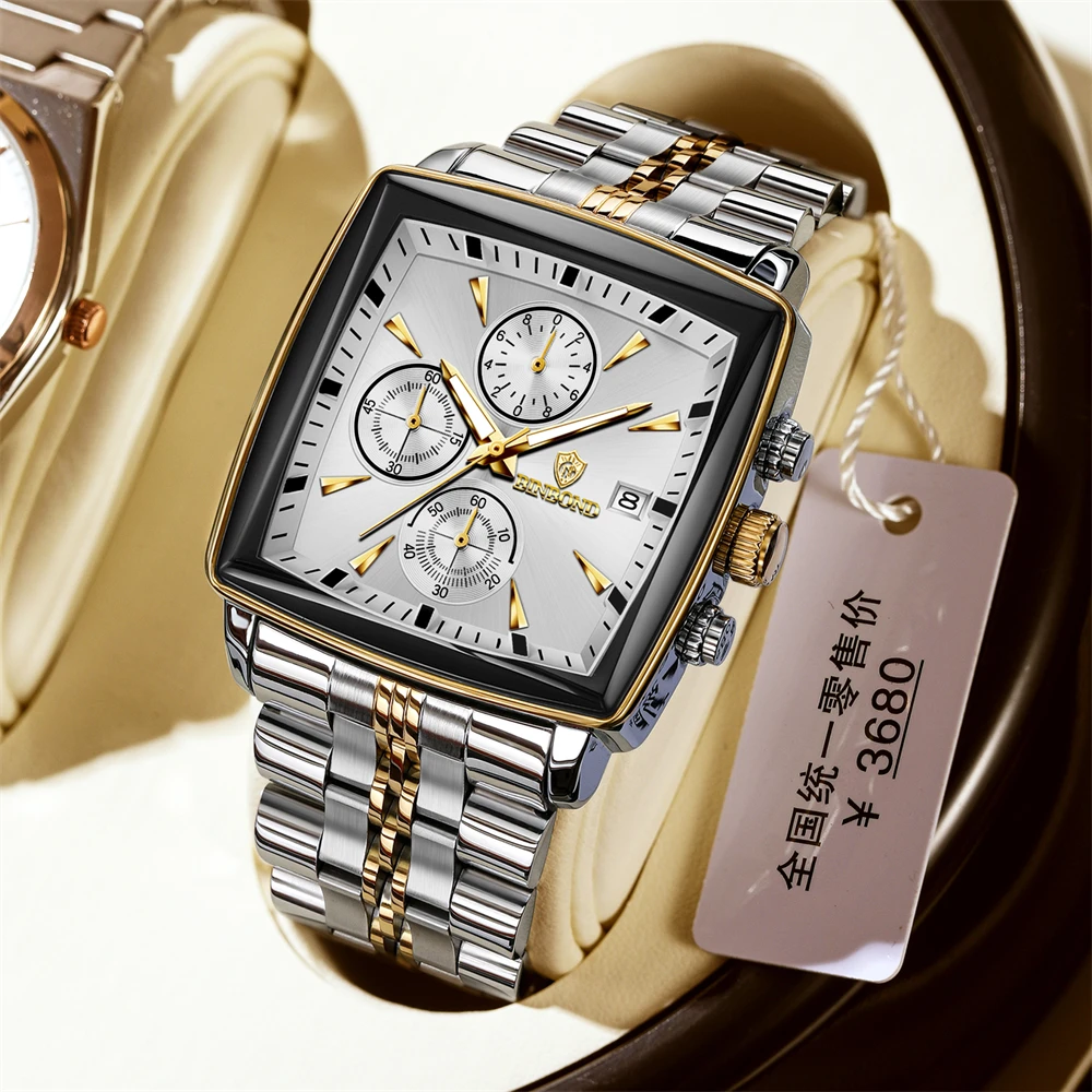 

BINBOND Luxury Square Sport Man Wristwatch Waterproof Luminous Chronograph Quartz Men's Watches Stainless Steel Men Watch Reloj
