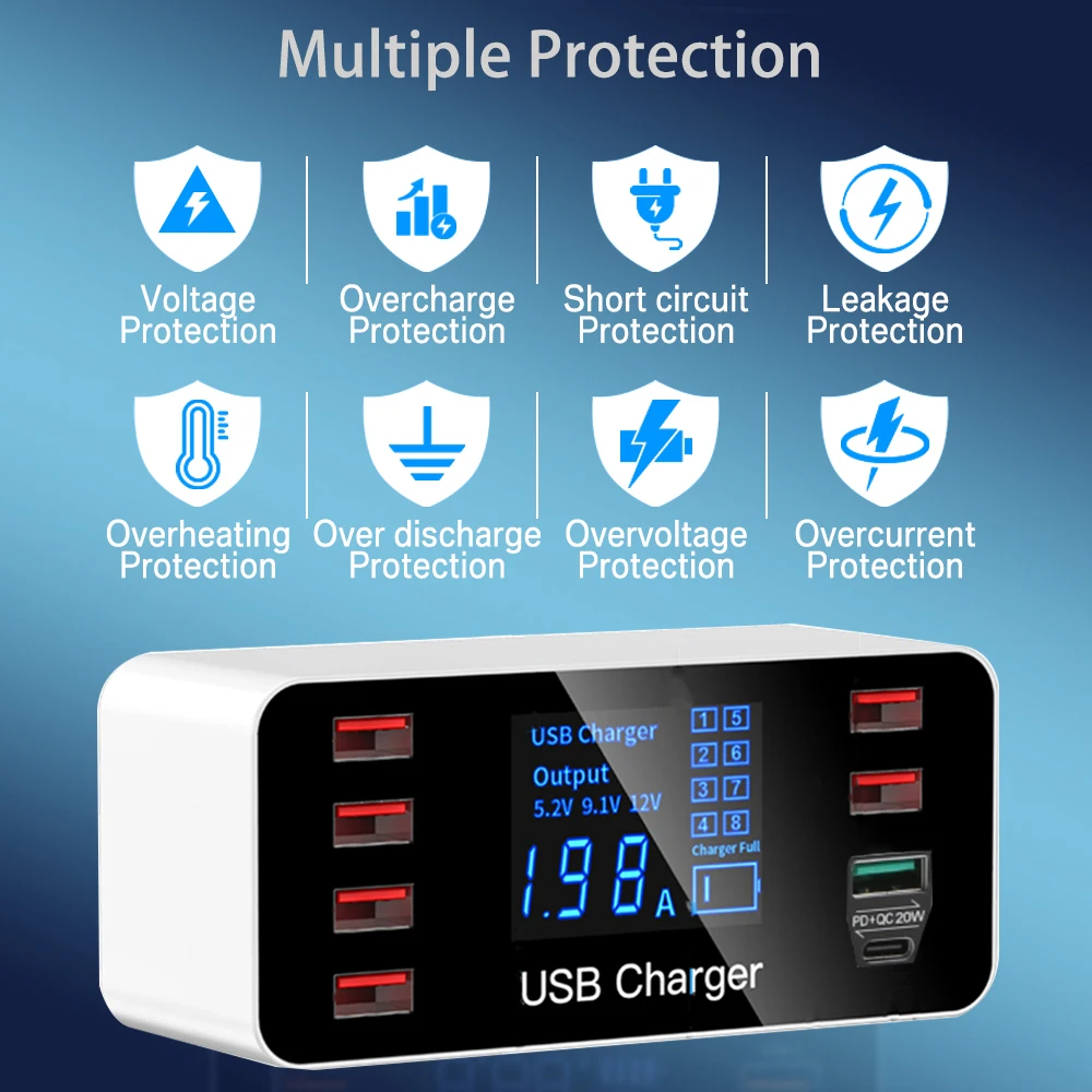 Cargador de teléfono USB QC3.0 de carga rápida de 60W, adaptador de carga rápida de 8 puertos tipo C 20W PD, estación de carga con pantalla LED para iPhone