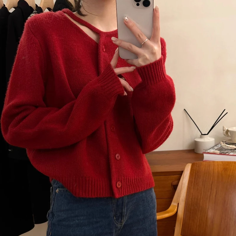 

Fashion Korean Red O Neck Hollowed Out Women's Knitted Cardigan Spring and Autumn New Single Breasted Casual Sweet Sweater Coat