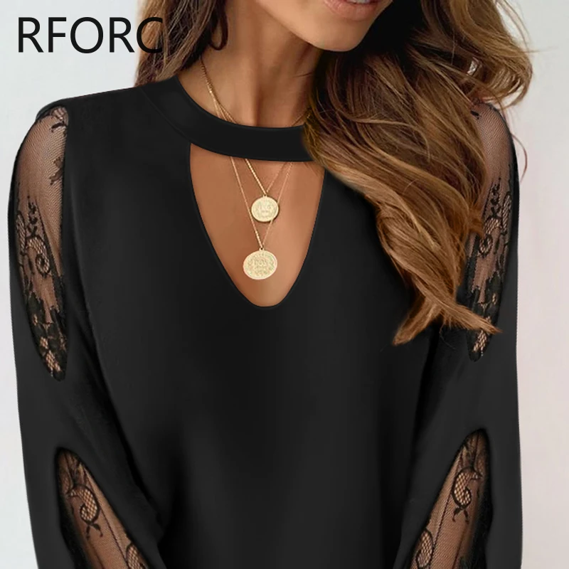 2023 Women Round Neck Lace Patchwork Hollow Out Casual Black Blouse Top