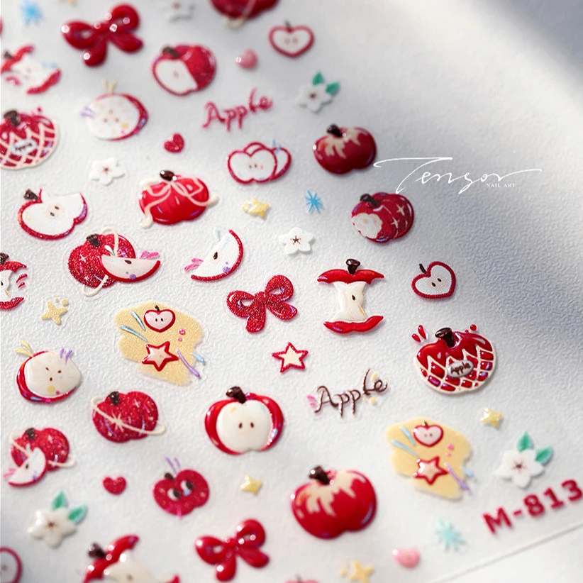 Jelly Red Apple Bowknot Love Heart Peach Orchard Fruit Vintage Flower Branch Charms Nail Art Stickers Decoration Manicure Decals