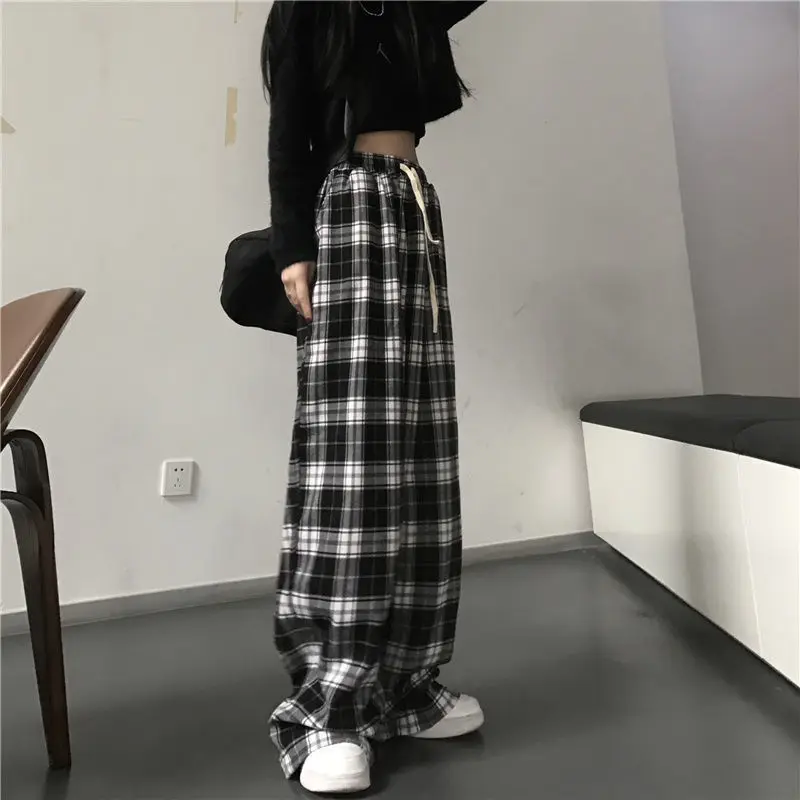 Black and White Plaid Pants Oversize Summer Women Casual Loose Wide Leg Trousers Ins Retro Teen Straight Pants Hiphop Streetwear