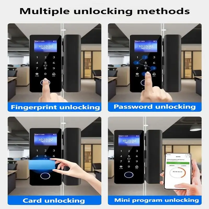 Glass Door Fingerprint Lock With Thickness Of 10-12mm Normally Open/Closed Mode No Need To Punch Holes Clip-type Installation