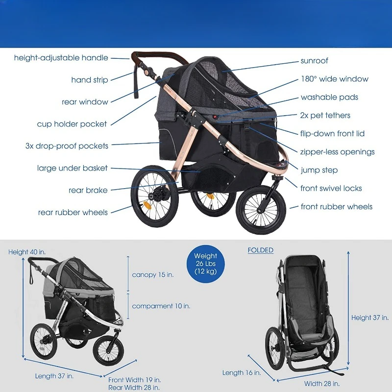 Sports Stroller with Comfort Rubber Wheels/Zipper-Less Entry/1-Hand Quick Fold/Aluminum Frame for Small/Medium Dogs