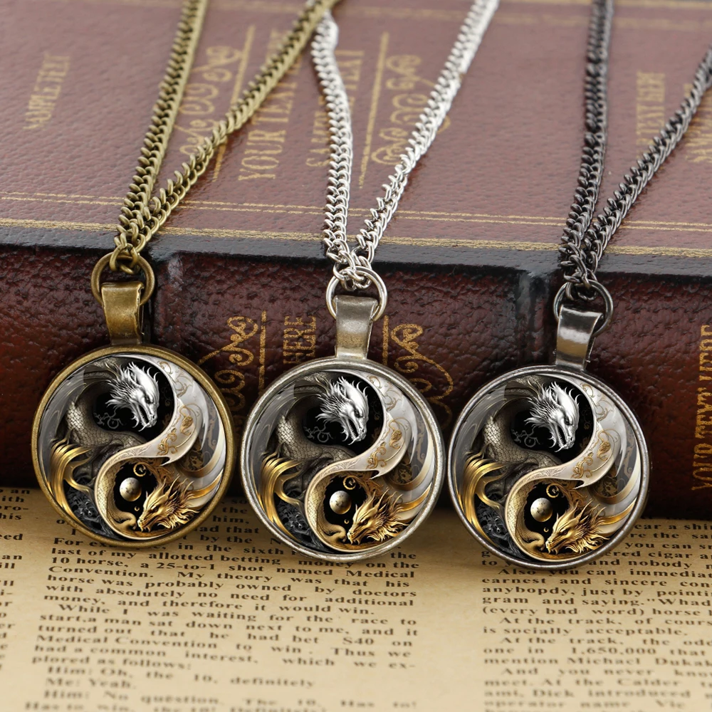 Yin and Yang Dragon Fashion Pendant Necklace Pendants Glass Dome Jewelry Accessories for Women Men Personality Gift