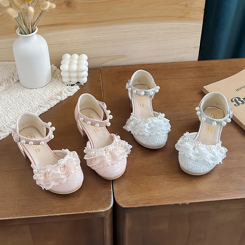 Girls Glitter Heeled Shoes Fashion Children Princess Mary Jane Sandals for Party Wedding Kids Lace Pearls Performance Sandals