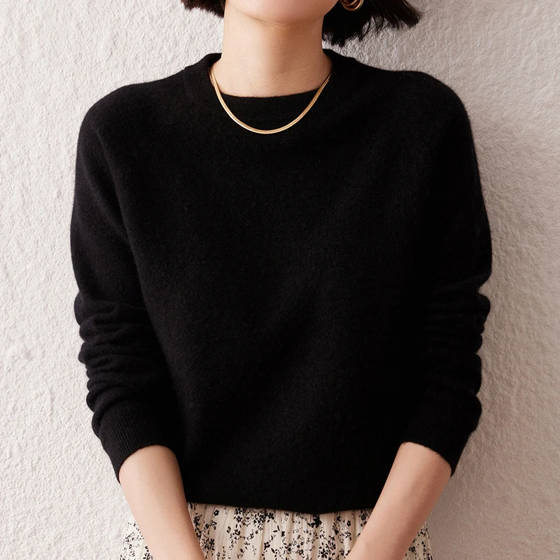 المرأة سترة الخريف/الشتاء جديد 100% الكشمير الخالص هوديي عادية بلون محبوك القمم فضفاضة الجولة الرقبة بلوزة الأساسية