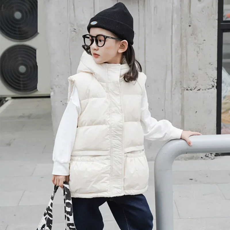 

Baby Waistcoat Girls Boys White Duck Down Vest Solid Color Kids Sleeveless Jacket Autumn Winter Hooded Coat XMP200