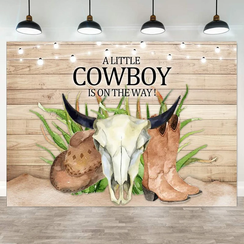 Photography Backdrop Rustic Wooden Pattern Western Hat Baby Shower Party Banner Decor A Little Cowboy Is On The Way Background