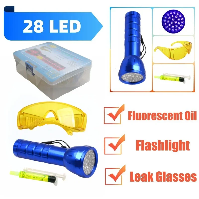 28 LED Car  Air Conditioning A/C System Leak Test Detector Kit UV Flashlight  Glasses Fluorescent oil Tool Set