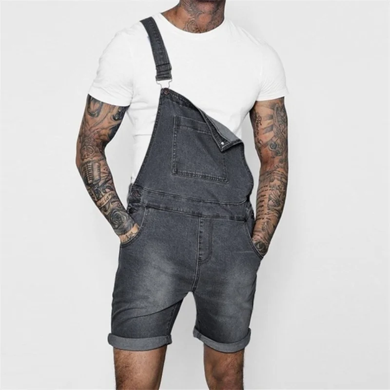 Men's Youth Cool Jumpsuit 2023 Summer Denim Shorts Splicing Pocket Suspender Pants Streetwear Casual Male Straight Trousers New