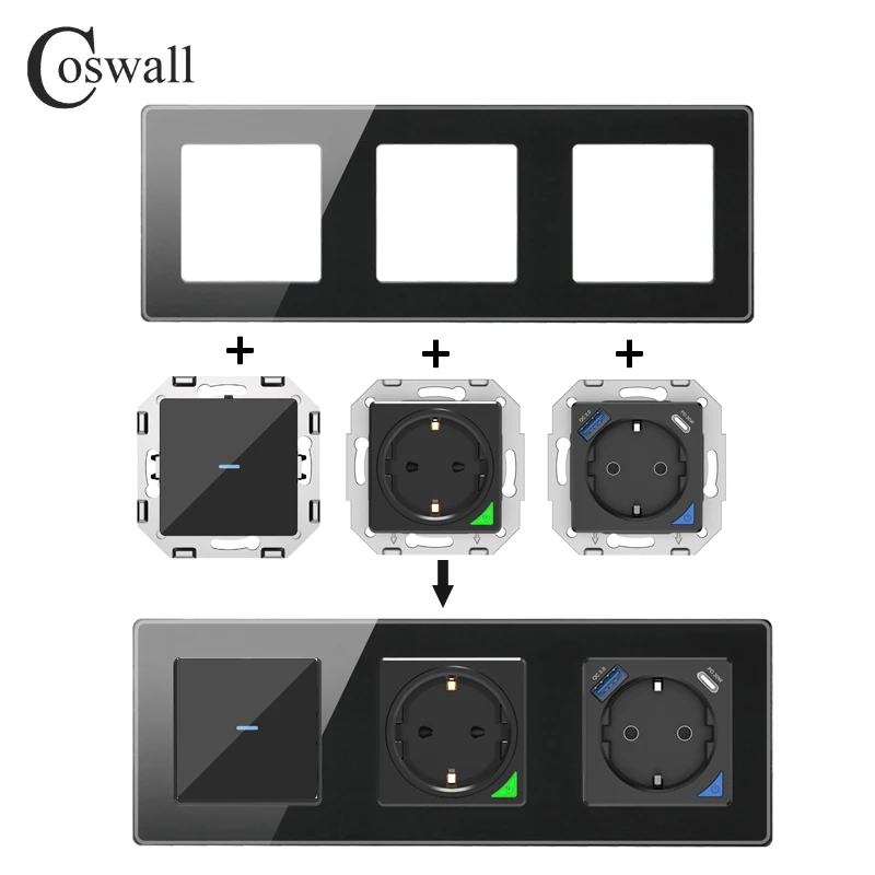 Alice Black Glass Touch Switch DIY Module WIFI / Zigbee Smart EU Wall Socket With PD 20W Type-C & A 2 USB Fast Charger