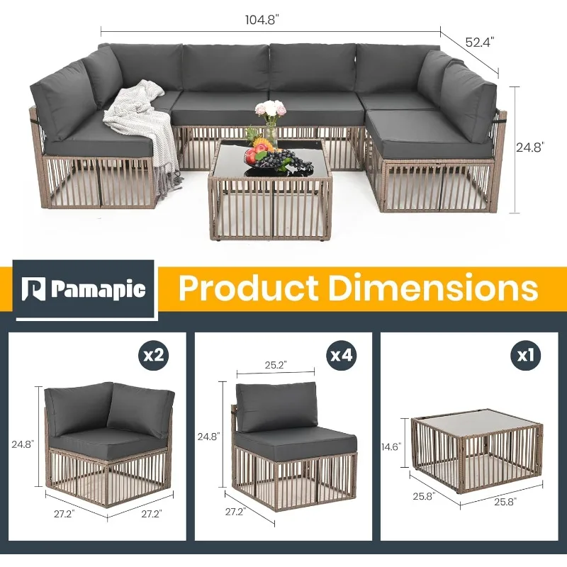 Pamapic 7-Piece Outdoor Sectional Sofa Set, All-Weather PE Rattan Patio Furniture with Washable Cushions Covers, Gray Cushions