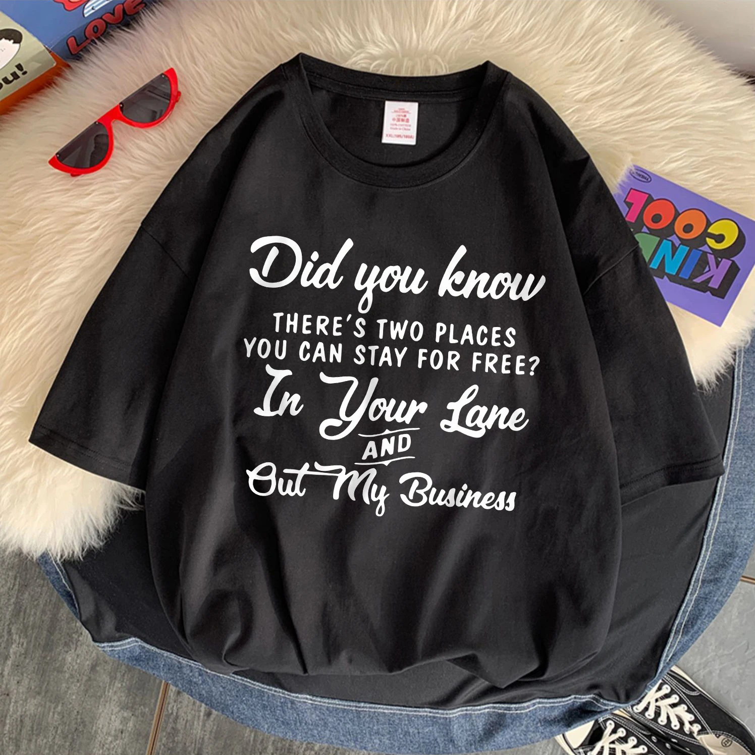 In Your Lane And Out My Business Cotton Womens T-Shirts Letter Prints Tops Oversize O-Neck Soft Tee Shirts Summer Casual Clothes