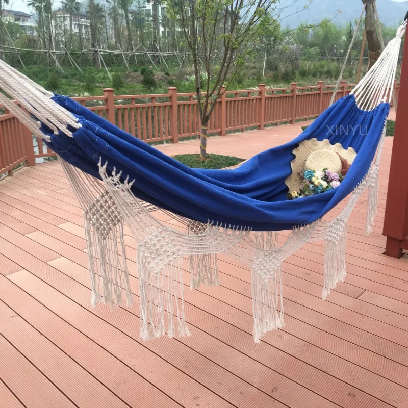 

Factory direct sales fringed canvas hammock plus double swing outdoor camping beach bohemian hammock wholesale