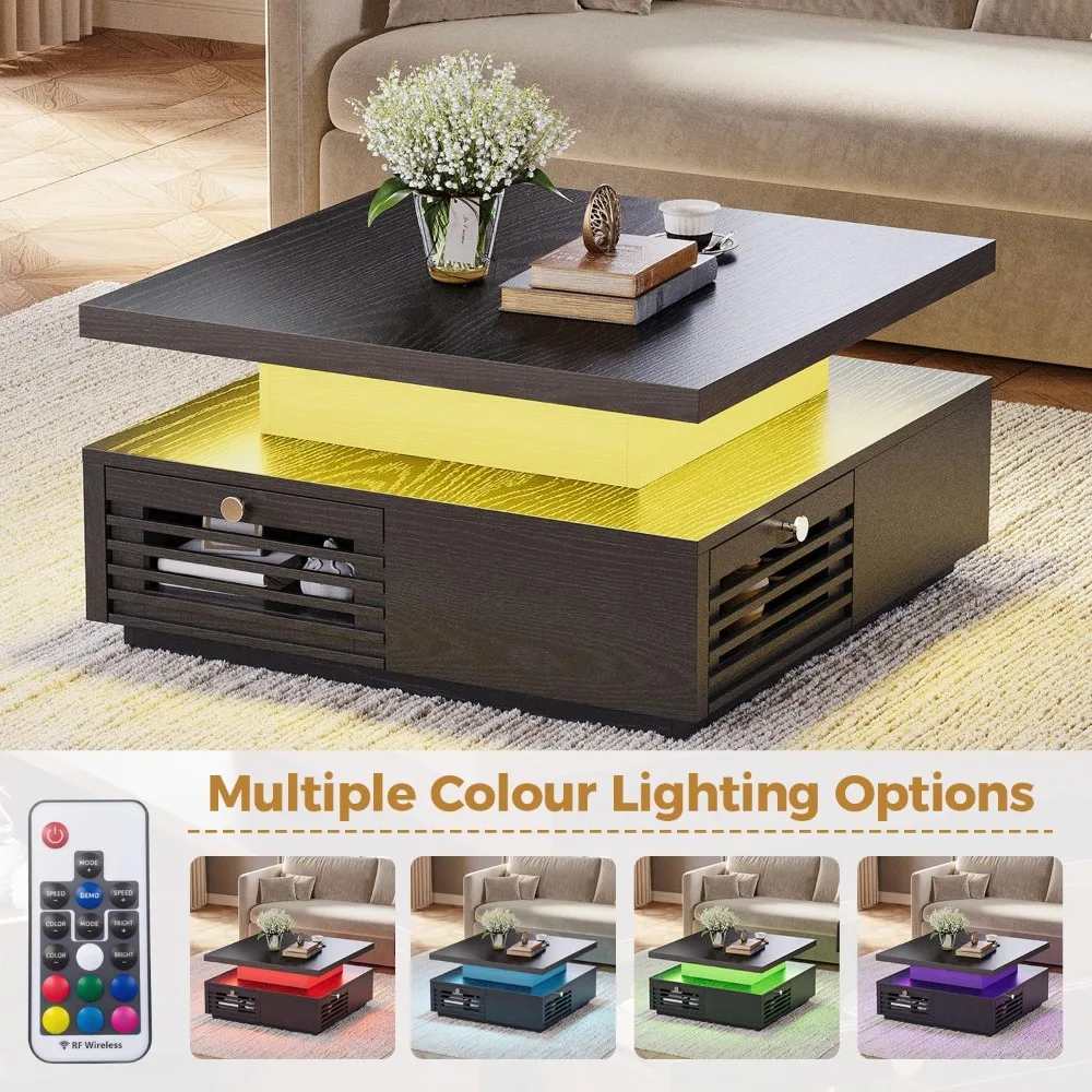 طاولة قهوة مع ضوء LED ومحطة شحن، 4 أدراج تخزين بتصميم شبكي، طاولة قهوة مربعة لغرفة المعيشة