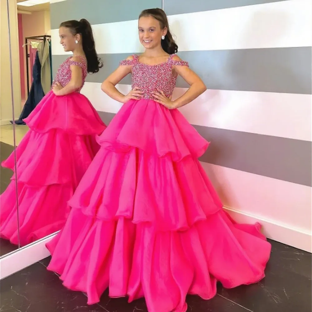 

Luxury Flower Girl Wedding Dress Sequins Puffy Beaded Tiered Sleeveless Princess Birthday Party First Communion Gown Customized