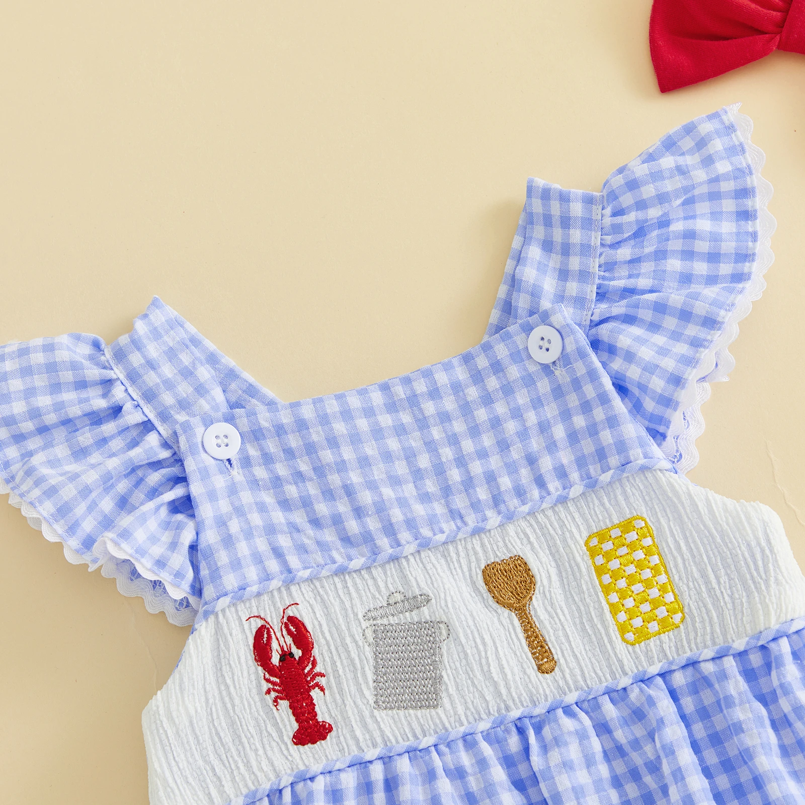 Sweet Baby Girl Bubble Romper Plaid Lobster Embroidered Flying Sleeve Jumpsuit Cute Summer Bodysuits Overalls