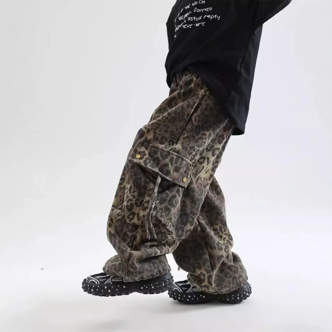 Leisure Boys' Autumn and Winter Korean Version 2024 New Children's Leopard Print Velvet Work Pants