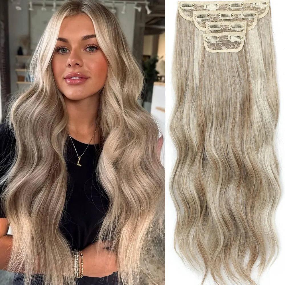 4Pcs/Set 11 Clips 22 Inches 220g Beach Waves Clip in Hair Extensions Sandy Blonde Champagne Heat Resistant Synthetic Hairpiece