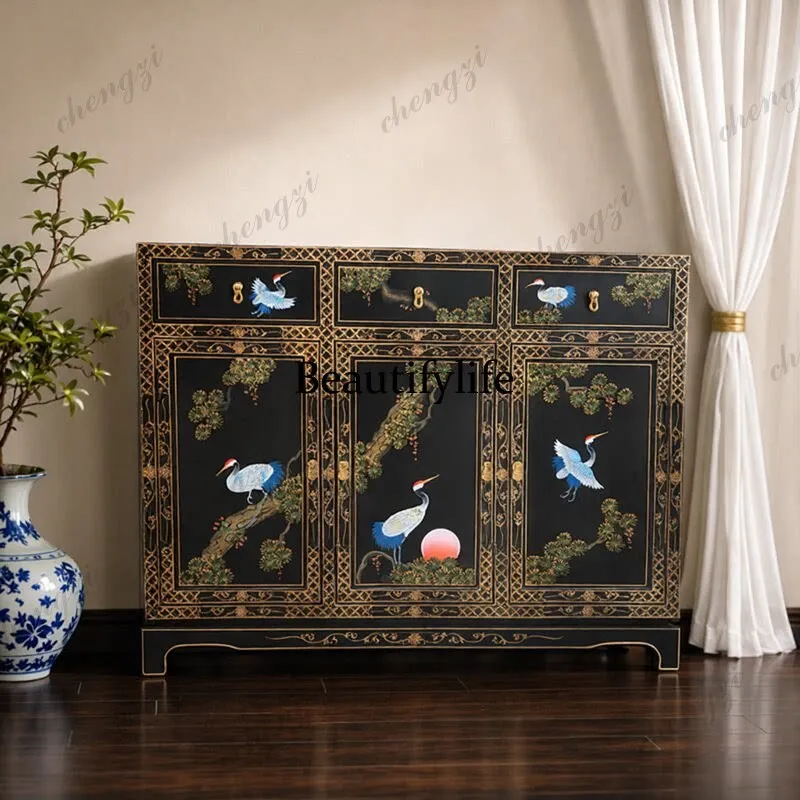 New Chinese-style entrance cabinet painted solid wood living room  decoration cabinet paint black pure hand-painted cabinet