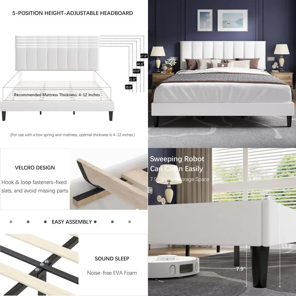 

Upholstered King Size Bed with Wooden Slat Support, No Box Spring Needed, White