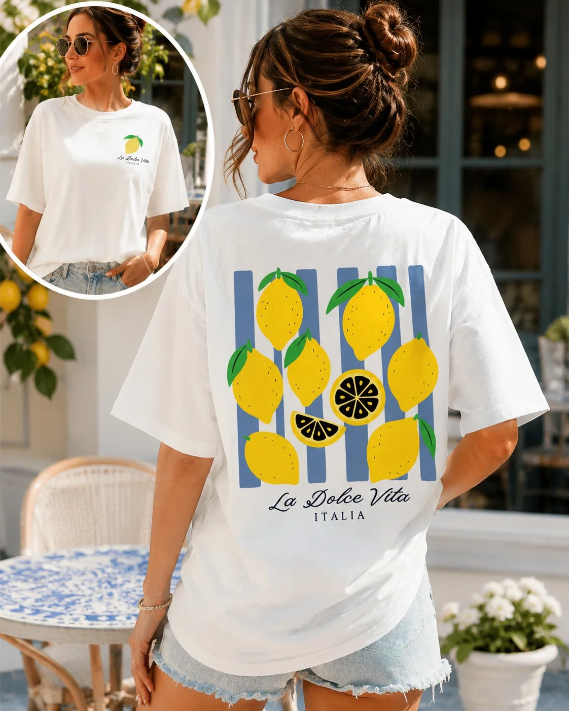 “Sweet Life” T-Shirt: Funny Lemon Print Purple Stripes Italian Style Women's Harajuku Style Loose Fit Short-Sleeve Summer Top