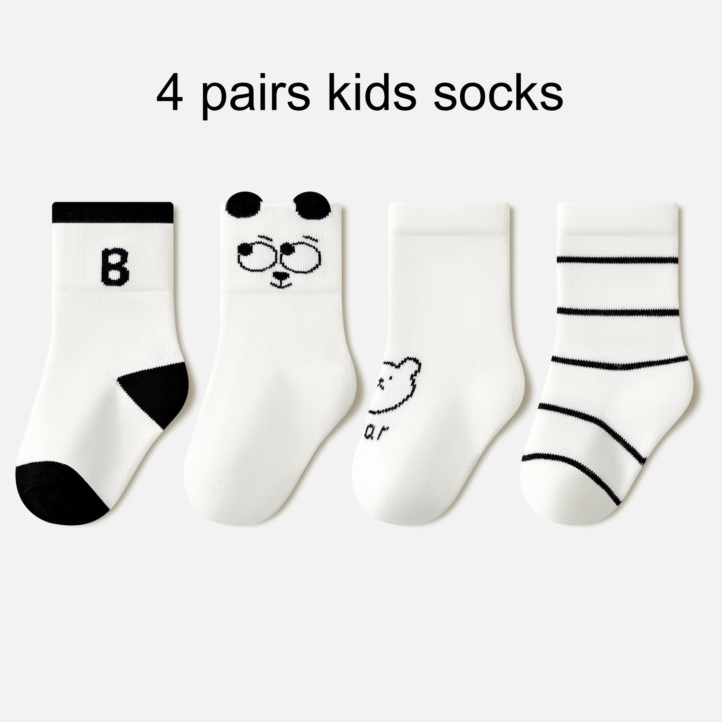 Beibi 4-Pack Kids Mid-Calf Socks Cute Dog-Eyes Pattern Letter Stripe Black-White Autumn-Winter Warm Mid-Tube Socks for 0-6 Years