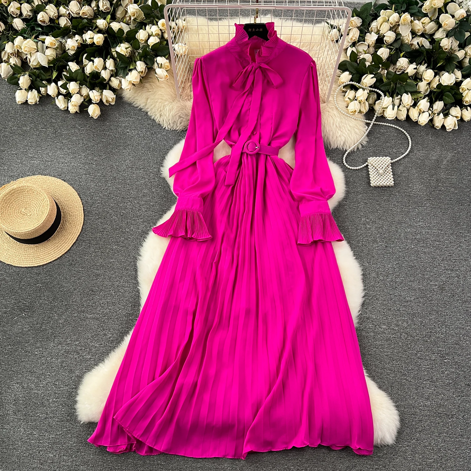 French Vintage elegant Pleated Bow A-line Dress Casual Women Fashion Vacation Spring summer dresses