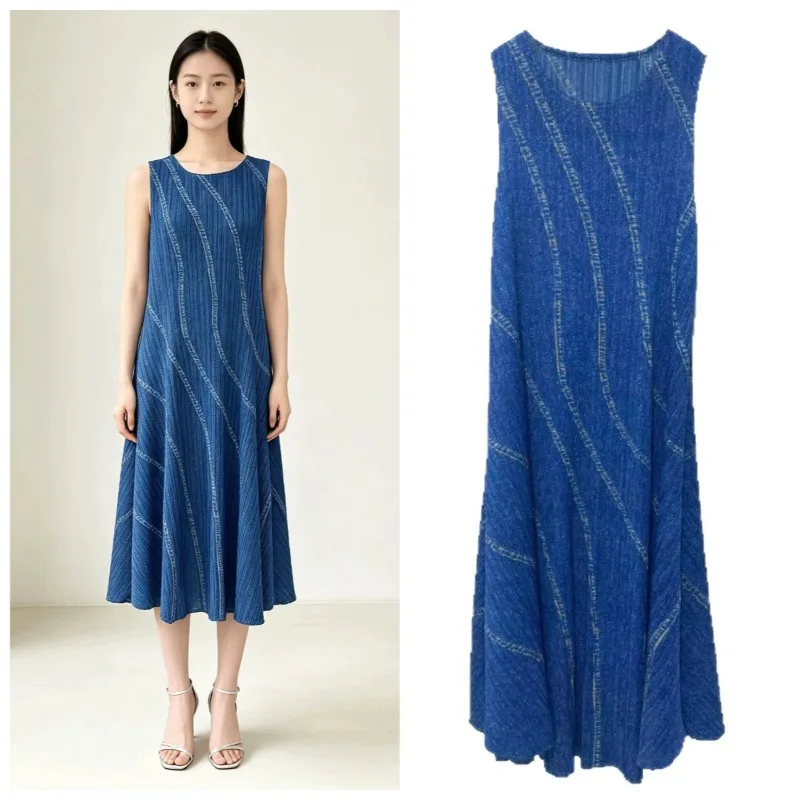 Miyake Pleated Sleeveless Vest Dresses Plisse Women 2026 Summer New Vintage Line Print Pleats Loose Fold Length A-Line Dress