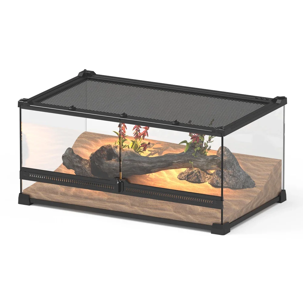 US Local Stock Full View Front Opening Reptile Glass Terrarium Habitat with Double Hinge Door and Top Screen Ventilation