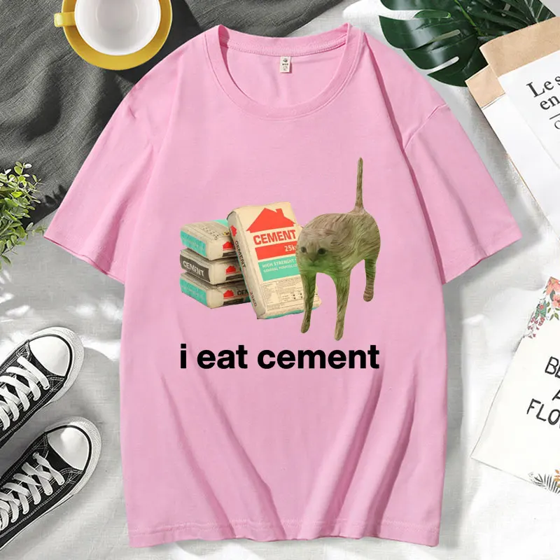 I Eat Cement Cursed Cat Funny Meme Graphic T Shirts Men Women Fashion Humor Short Sleeve High Quality Cotton T-shirt Tops