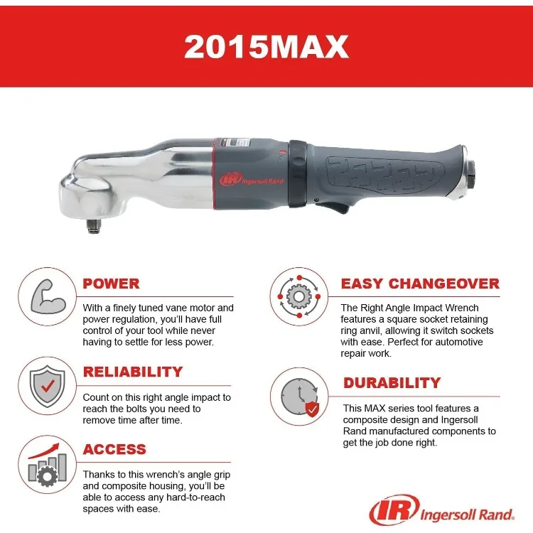 2015MAX 3/8" Pneumatic Air Impact Wrench, Right Angle, Low Profile 2” Hammerhead, 180 ft lbs Max Torque, 7,100 rpm