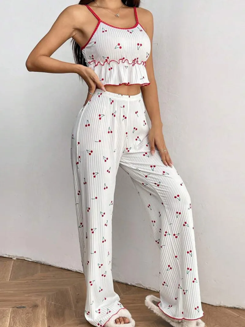 

Ribbed Camisole Long Pants Printed Set Pajamas Women's Casual Sexy Homewear Pants Set Elegant Pure Desire Style Pants Set MN0O