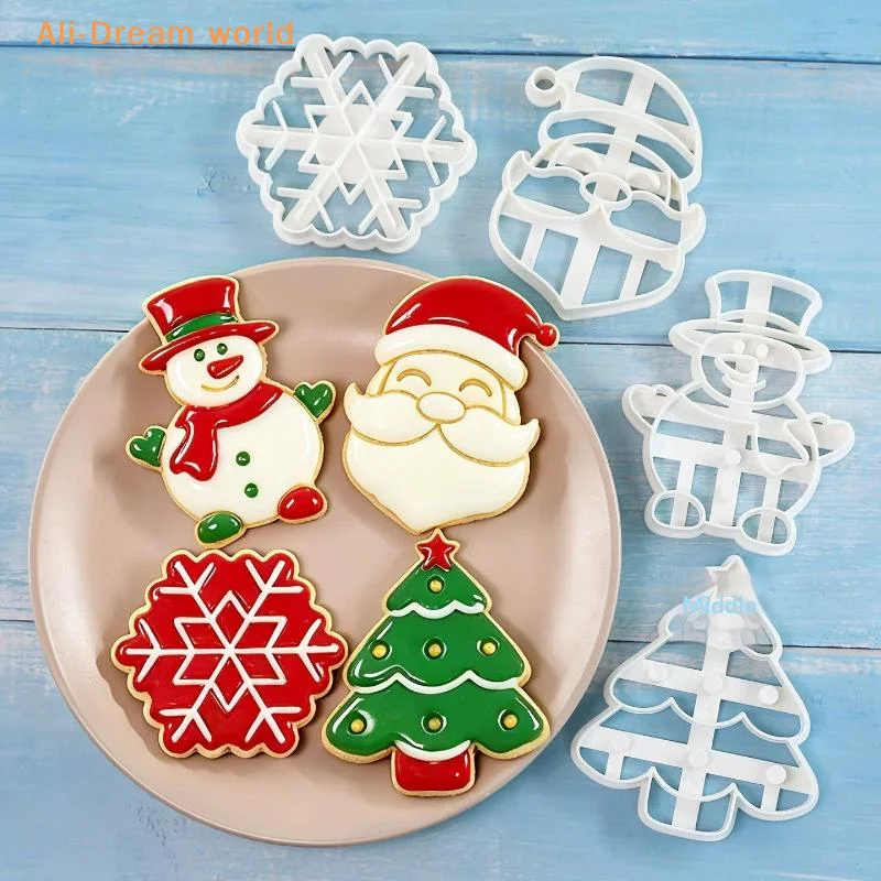 (1/4Pcs Christmas Cookie Cutter Snowflake Santa Claus Snowman XMAS Tree Shape Biscuits Molds For Winter Holiday Baking)