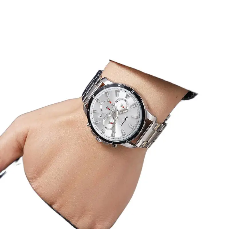 SkmeiMen's Watch Três Olhos e Seis Agulhas Multifuncional Relógio Masculino Clássico redondo Grande Mostrador Relógio de Quartzo Relógio de Pulso