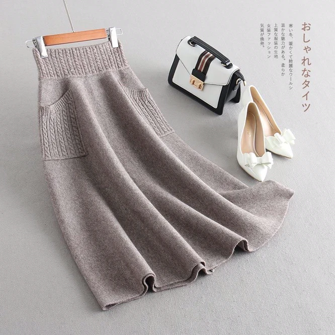 2021 Autumn Winter Women\'s Knitting New Double Pocket Fluffy Loose Wool Medium And Long Girls\' Skirt Leisure Daily Camel Color