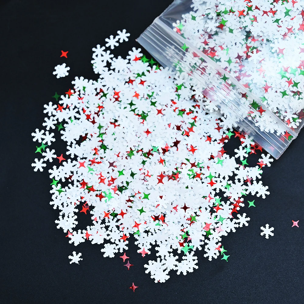 Christmas Nail Glitter Sequins para Manicure, Floco de Neve, Árvore, Hexágono, Círculo, Borboleta, Losango, Vermelho, Verde, Floco Branco, 50g, 1 Saco