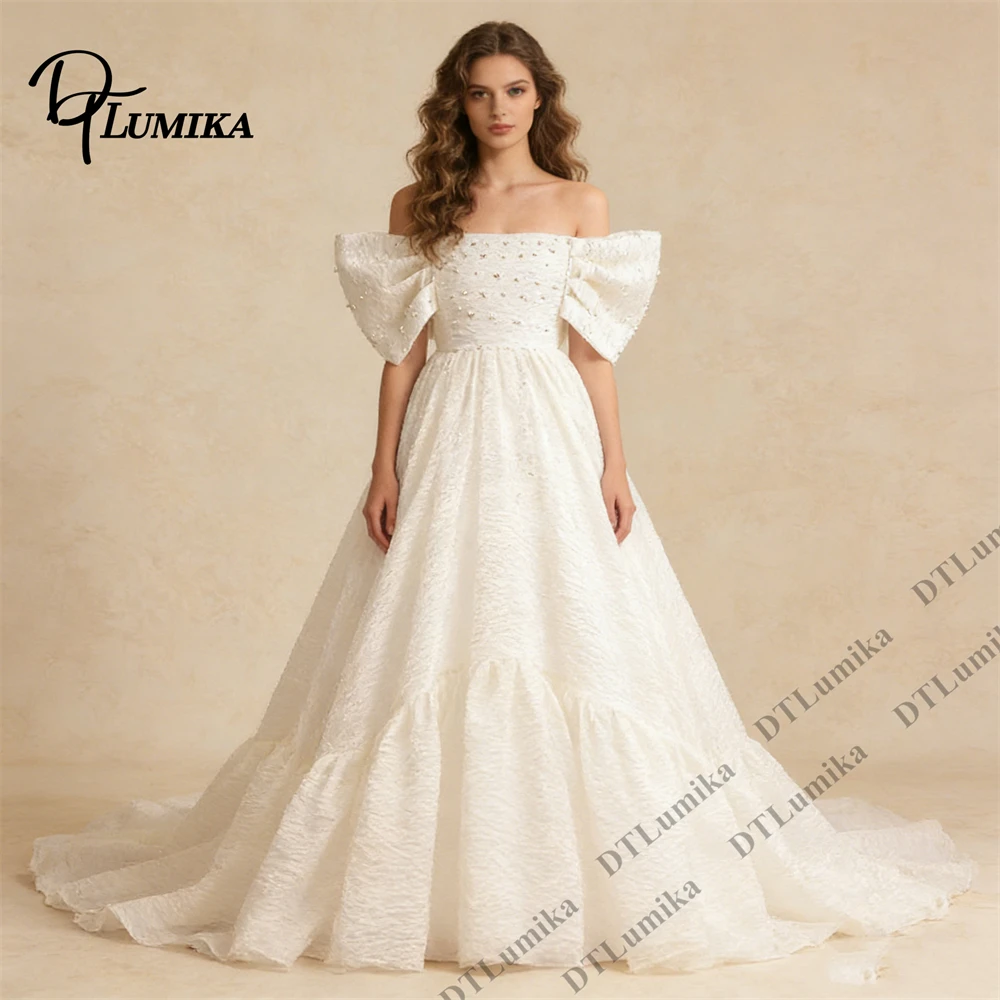 2026 New Sweet Bride Dress with Bow Off Shoulder, Long Train Ball Gown Wedding Dresses Customized Size Bridal Gown for Urban Wed