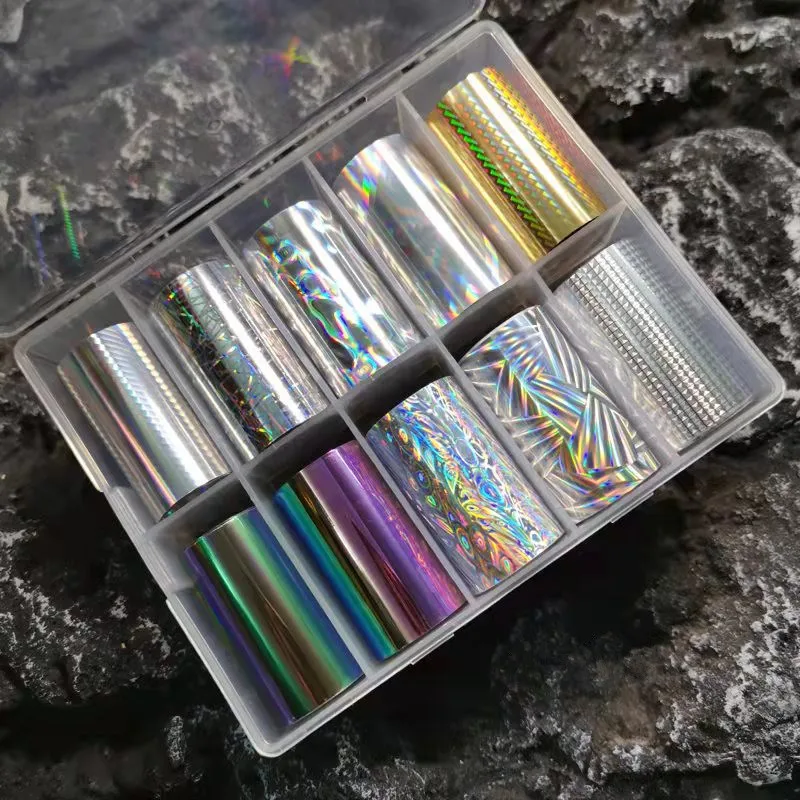 1 caja de láminas de uñas de escamas láser para papel de transferencia, envolturas de uñas de espejo plateado de Metal, decoraciones de Arte de uñas