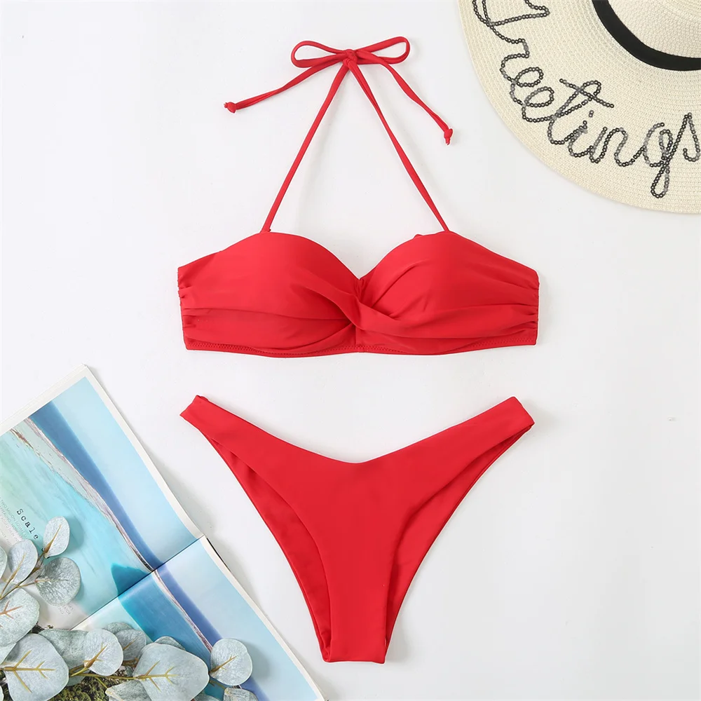 

RED Bikini Backless Bandage Bandeau Swimsuit Twist Stacked Push Up Vacation Swimwears Women Y2K Cute Beach Outfits Bathing Suits