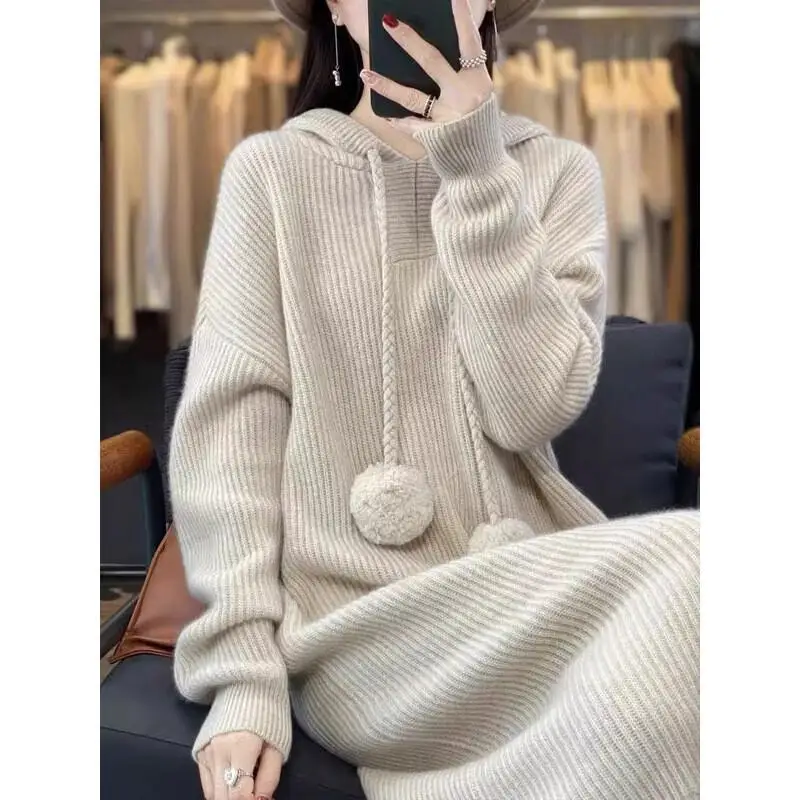 

Новое вязаное платье-худи средней длины, женская зимняя одежда, топы, пуловер, уютное вязаное изделие, юбка