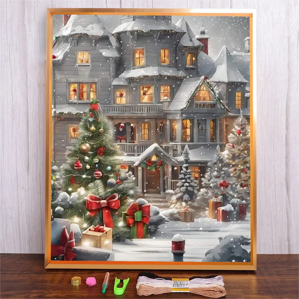 

DIY Snow Town Pattern Printed Cross Stitch Kit DMC Threads 11CT Counting Canvas Printing Craft Set Christmas Embroidery Decor
