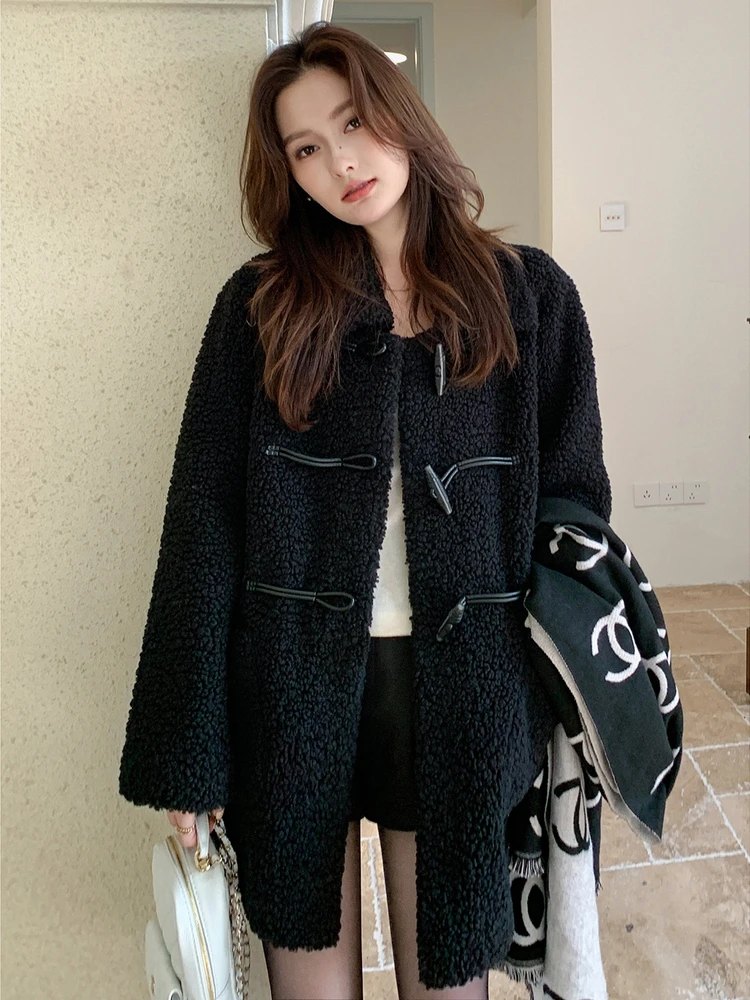 

Женская черная куртка из овечьей шерсти mi, свободного кроя, стройнящая, весна-осень-зима, верхняя одежда с длинными рукавами, воротником и застежкой на пуговицах