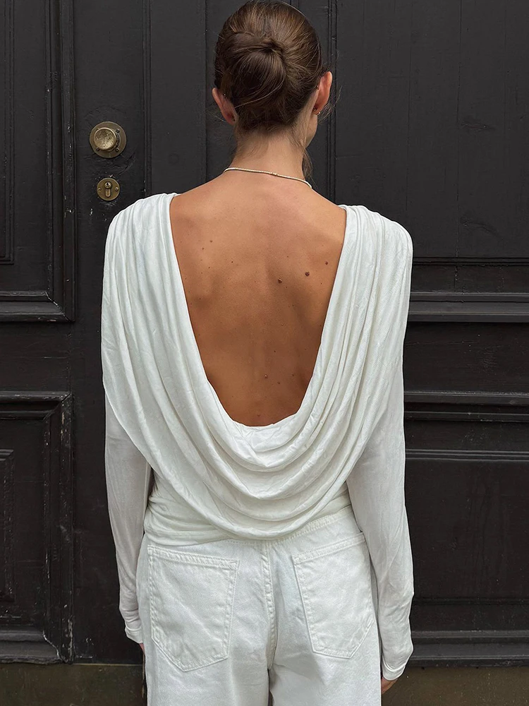 Oniflyme Backless Ruched Slim Tee Tops Women Sexy Round Neck Long Sleeve Casual T-shirts Female Autumn Outfits Elegant Party Top