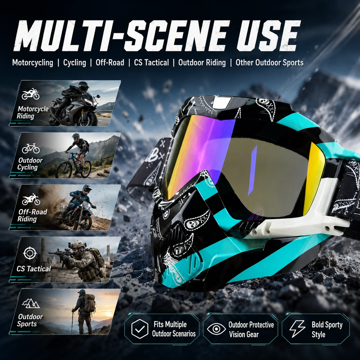Full Face Motocross Goggles with UV400 Protection HD Clarity TPU Frame Motorcycle Windshield Off-Road ATV Racing Goggles
