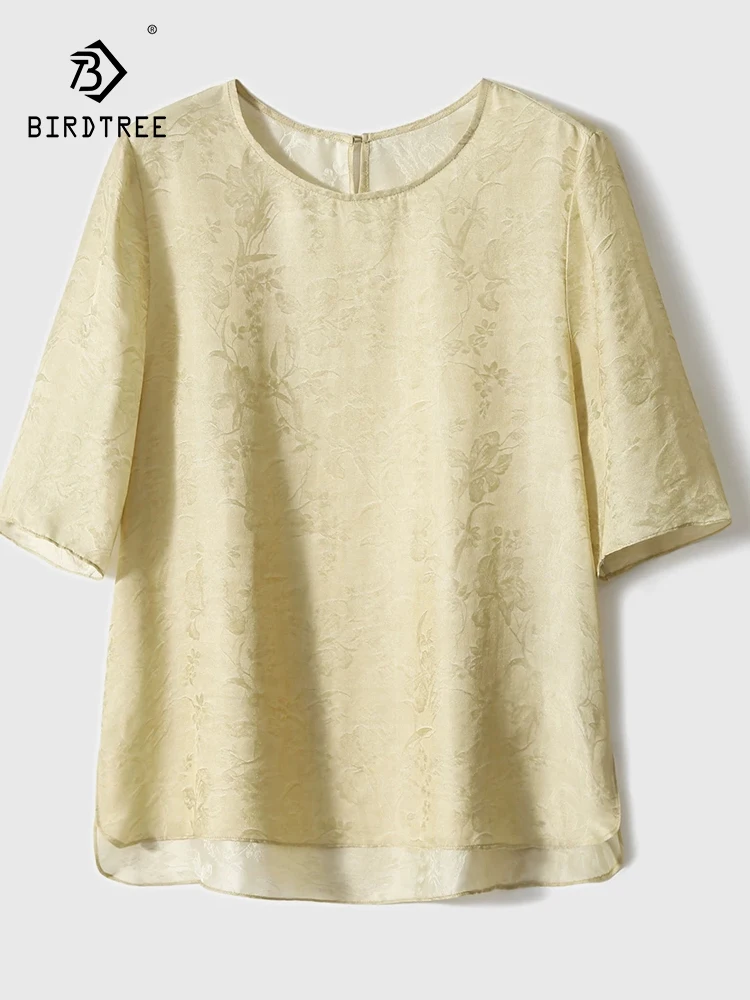 BirdTree-25%Silk 75%Viscose Elegant T-Shirt, Short Sleeve Jacquard, Women Fashion Commute Loose Top, 2026 Spring Summer T63267CC